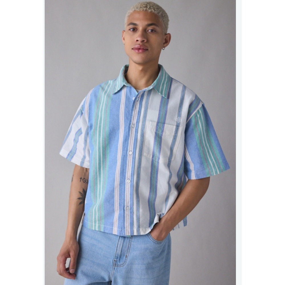Urban Outfitters Men's L Striped Short Sleeve Cotton Button-Up Shirt Blue Multi